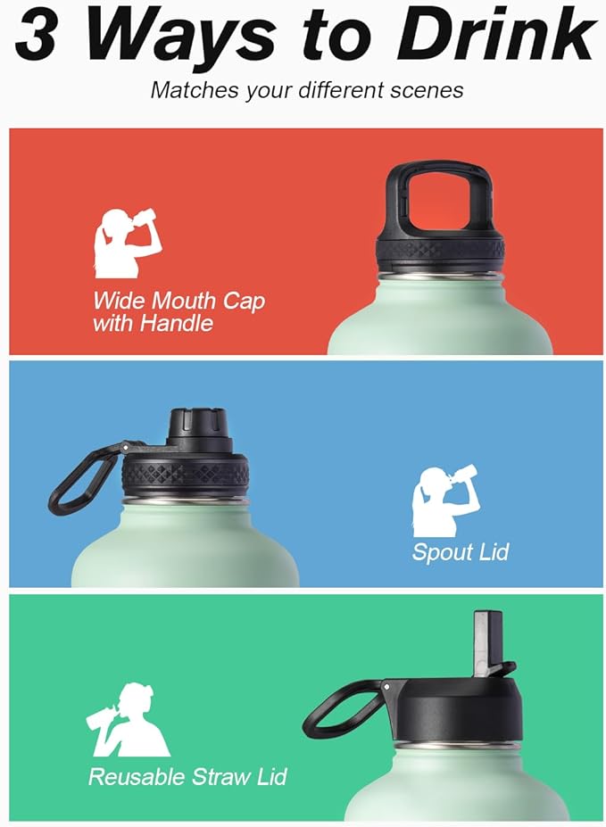 Half Gallon Water Bottle Insulated with Straw & 3 Lids, Coolflask 64 oz Water Jug Large Metal Stainless Steel Wide Mouth for Sports, Gym or Office, Non-BPA Keep Cold 48H Hot 24H, Ombre Green