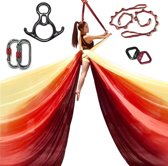 DASKING Aerial Silks Starter Kit - Durable 11Yards of Aerial Yoga Hammock with Hardware, Aerial Swing for Acrobatic Flying Yoga & All Levels (Aerial Rigging Point Up to 14ft)