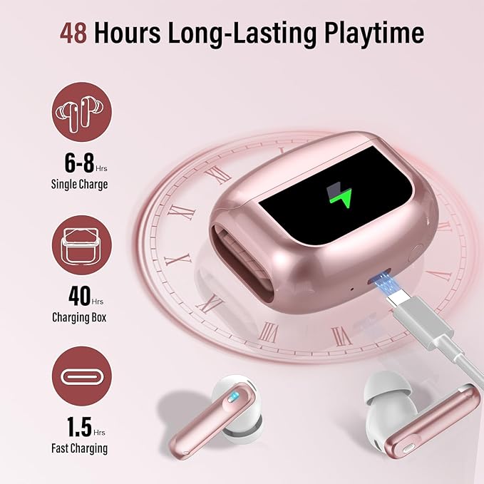 Wireless Earbuds, Bluetooth 5.4 Headphones with Multifunctional Touch Screen, 48H Bass Stereo Ear Buds with ANC/ENC Noise Cancelling/Transparency Mode, IPX7 Earphones with 5 EQ Modes, Rose