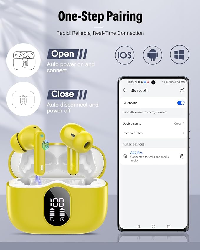 Wireless Earbuds, Bluetooth 5.4 Headphones Bass Stereo, Ear Buds with Noise Cancelling Mic, IP7 Waterproof in Ear Earphones, 36H LED Display Bluetooth Earbuds for Laptop Pad Phones Sports, Yellow