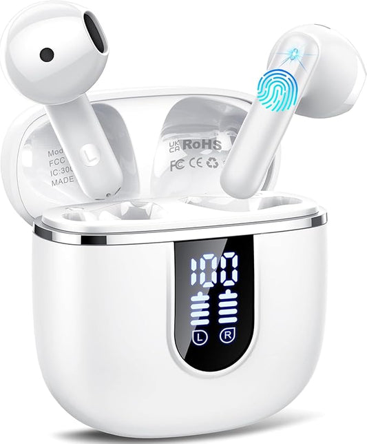 Wireless Earbuds, Bluetooth 5.4 Headphones with 3D Bass Stereo, 40H Ultralight in-Ear Buds, Bluetooth Earbuds with 4 ENC Noise Cancelling Mic, USB-C, IP7 Waterproof Earphones for Android iOS, Milky