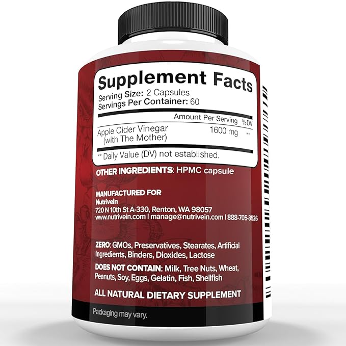 Nutrivein Premium Apple Cider Vinegar Supplements with Mother - 1600 mg - 120 Apple Cider Vinegar Capsules: ACV Pills for Digestion, Keto, Cleansing, and Balanced Nutrition