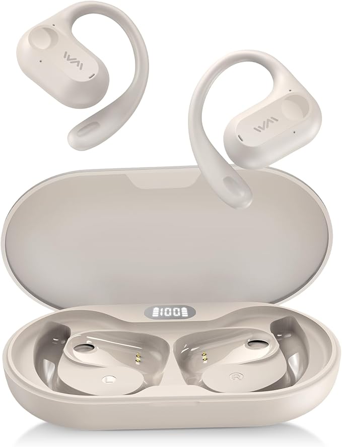 Open Ear Headphones,Wireless Bluetooth 5.3 Air Conduction Open Earbuds,Comfort & Secure Fit ,Powerful Bass,Clear Calls,30H Playback,Light Weight Sports Headsets with Ear-Hook for Workout,Running,Beige