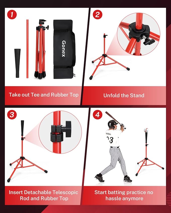 Gonex Baseball Softball Practice Hitting Batting Tripod Stand Rubber Tee Collapsible Portable with Carrying Bag