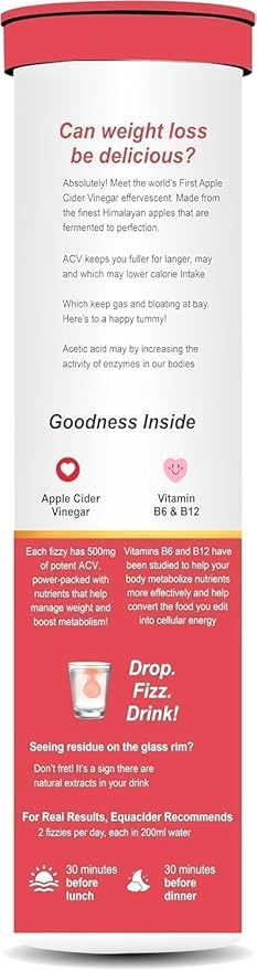 PURITEO-EQUACIDER Apple Cider Vinegar Effervescent with The Mother, Vegan, No Added Sugar, Non-GMO & Gluten-Free Tablets - (15 Tablets, Pack of 1)