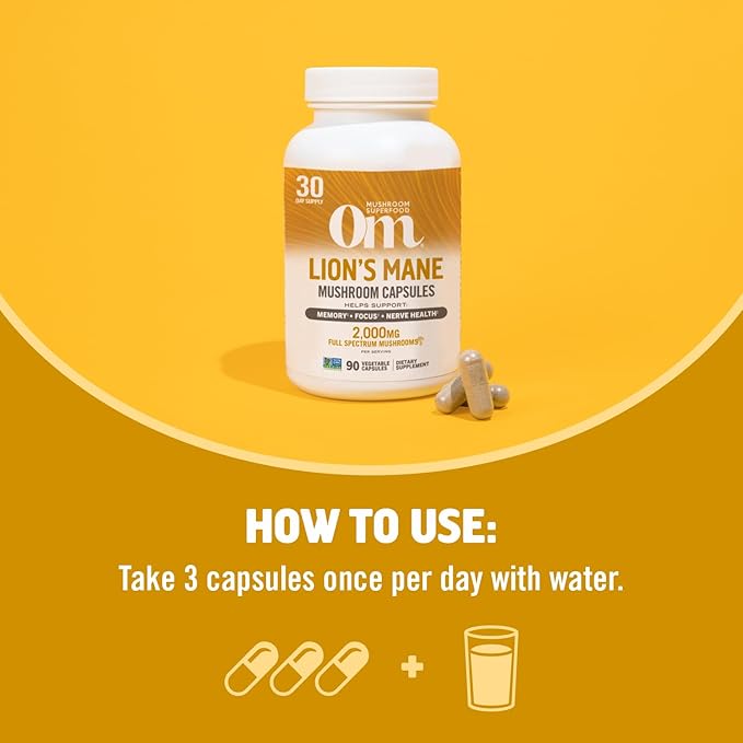 OM MUSHROOM SUPERFOOD Lion's Mane Mushroom Capsules Superfood Supplement, 90 Count, 30 Day Supply, Fruit Body and Mycelium Nootropic for Memory, Focus, Nerve Health and Immune Support