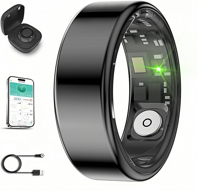 Smart Ring for Men Women with Black Charging Box, Bluetooth, Health Ring , IP68 Waterproof, Fitness Ring Tracks Heart Rate/Sleep/Steps/Sports Activities/Blood Oxygen,non-subscription app (Black, 11)