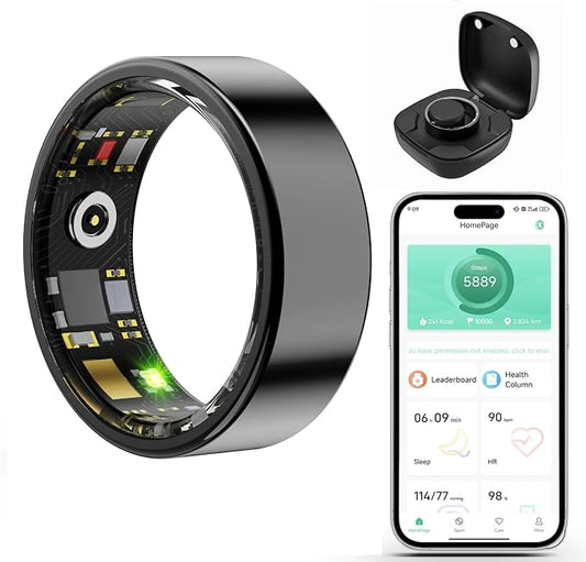 Smart Wellness Ring, Stylish Fitness Tracker with Heart Rate, Blood Oxygen, Blood Pressure, Sleep & Step Monitor. IP68 Waterproof, No Subscription, iOS & Android Compatible (Black, 8)