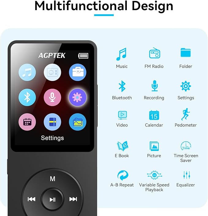 AGPTEK A02 MP3 Player with Bluetooth 5.3, 1.8 inch Screen Portable Music Player with Speaker, FM Radio, Voice Recorder, Supports Expanded Up to 128GB(Black, 64GB)