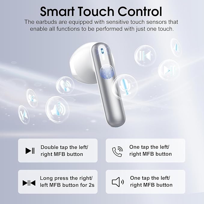 Wireless Earbuds, Bluetooth 5.4 Headphones with 3D Bass Stereo, 40H Ultralight in-Ear Buds, Bluetooth Earbuds with 4 ENC Noise Cancelling Mic, USB-C, IP7 Waterproof Earphones for Android iOS, Sillver
