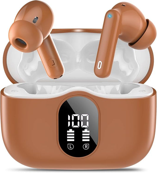 Wireless Earbuds, Bluetooth 5.4 Headphones Bass Stereo, Ear Buds with Noise Cancelling Mic, IP7 Waterproof in Ear Earphones, 36H LED Display Bluetooth Earbuds for Laptop Pad Phones Sports, Brown
