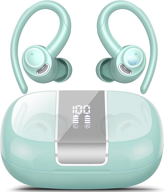 Wireless Earbuds Bluetooth 5.3 Headphones Sports, 48Hrs Playtime Bluetooth Earbuds with CVC 8.0 Mic, Stereo Bass Over Ear Bud with Earhooks, LED Display, IP7 Waterproof Earphon for Running Misty Blue