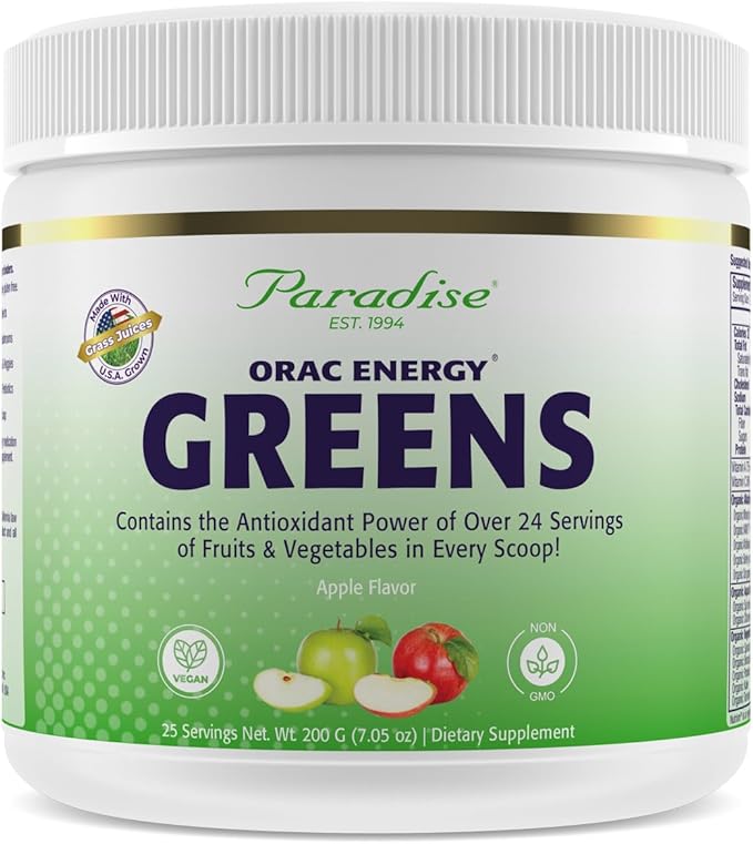 Paradise Herbs ORAC Energy Greens, Apple Superfood Powder, Over 40,000 ORAC Antioxidants, Organic Greens, Berries, Mushrooms & Probiotics, Non-GMO, Gluten-Free, 25 Servings