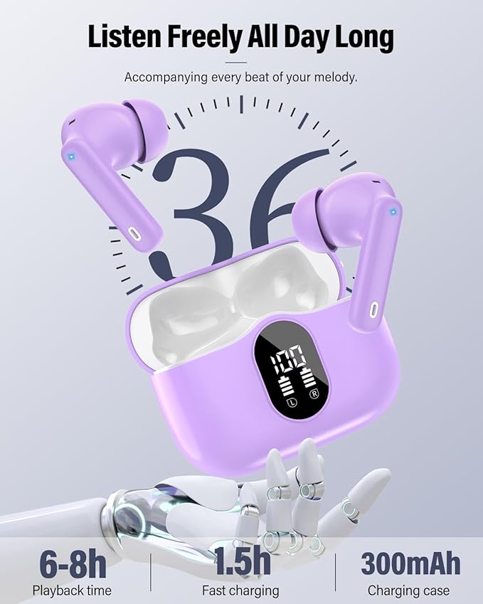 Wireless Earbuds, Bluetooth 5.4 Headphones Bass Stereo, Ear Buds with Noise Cancelling Mic, IP7 Waterproof in Ear Earphones, 36H LED Display Bluetooth Earbuds for Laptop Pad Phones Sports, Purple
