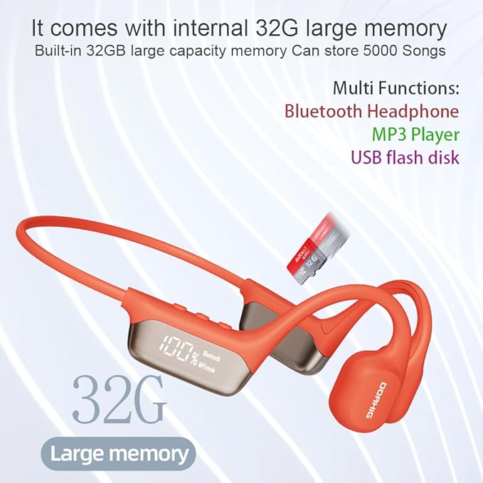 IHAO Swimming Headphones True Bone Conduction Open Ear Headset MP3 Player Built-in 32G Memory IP68 Underwater Waterproof Stereo Bluetooth Earphone for Driving Bicycling Running Skiing-Red