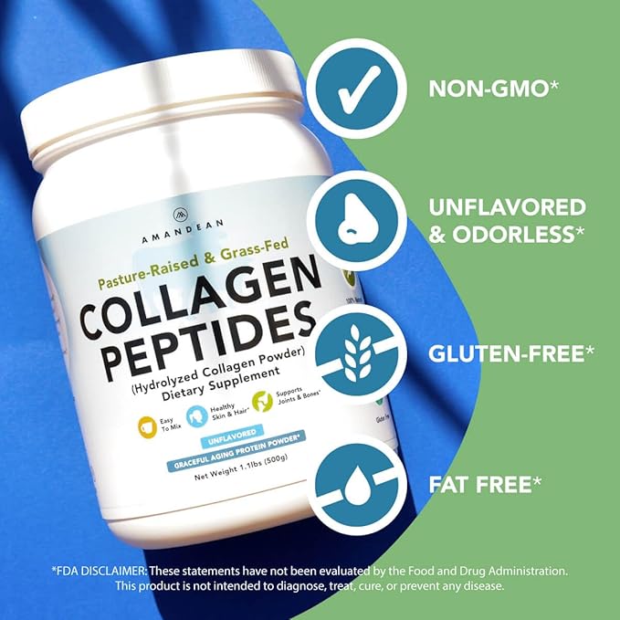 AMANDEAN Collagen Peptides Powder (17.6oz). Grass-Fed Hydrolyzed Protein Supplement. Promotes Healthy Joints, Skin, Hair, Nails. Unflavored & Easy to Mix.