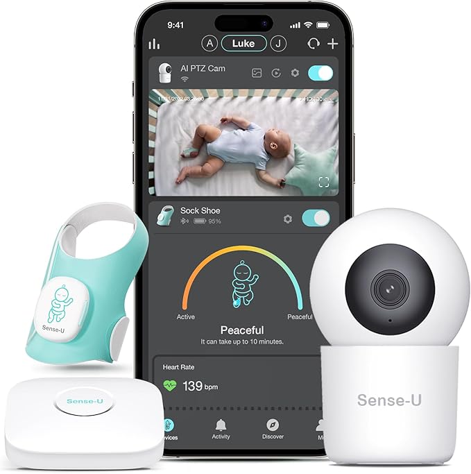 Sense-U Baby Sock Shoe Bundle Smart Baby Monitor: Sock Shoe Plus 2.5K PTZ Camera - Track Heart Rate, Sleep Movement, Heartbeat, Pan-Tilt-Zoom Video, AI Cry Detection, Audio