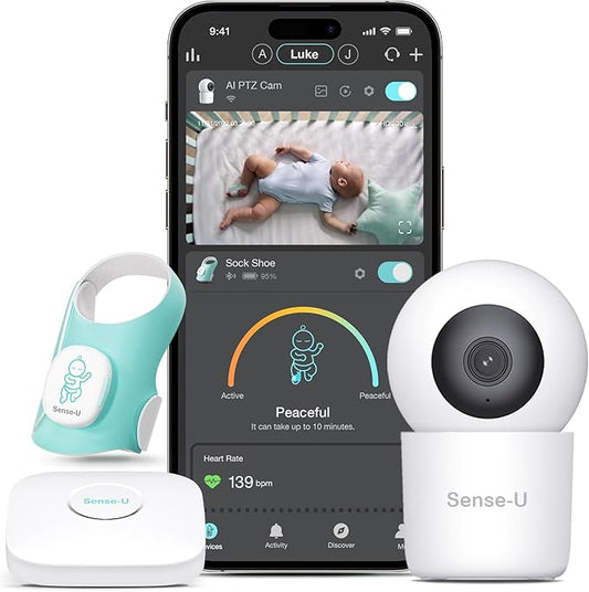 Sense-U Baby Sock Shoe Bundle Smart Baby Monitor: Sock Shoe Plus 2.5K PTZ Camera - Track Heart Rate, Sleep Movement, Heartbeat, Pan-Tilt-Zoom Video, AI Cry Detection, Audio