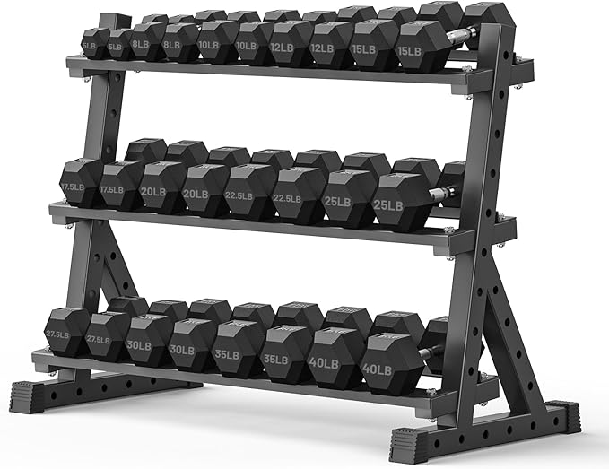 PAPABABE Hex Dumbbell Set with Rack, Rubber Encased Free Weight with Weight Storage Racks, Multiple Weight Options for Home Gym and Fitness