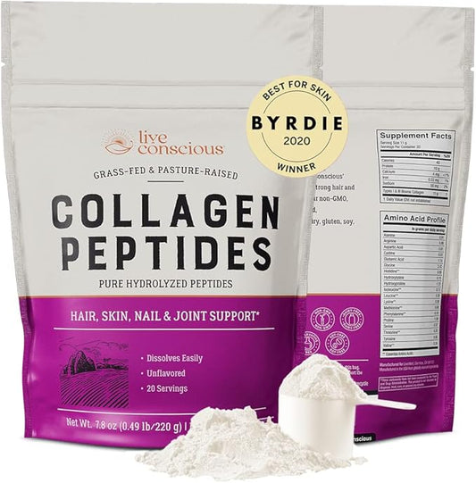 Live Conscious Collagen Powder Hydrolyzed Collagen Peptides Type I & III - Keto & Paleo Friendly - Unflavored - 20 Servings, 7.8 oz