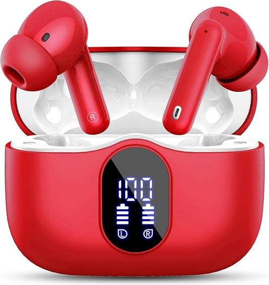 Wireless Earbuds, Bluetooth 5.4 Headphones Bass Stereo, Ear Buds with Noise Cancelling Mic, IP7 Waterproof in Ear Earphones, 36H LED Display Bluetooth Earbuds for Laptop Pad Phones Sports, Red