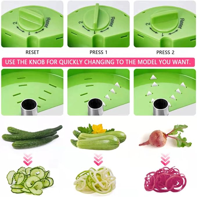 3 in 1 Vegetable Spiralizer Slicer, Adjustable Zucchini Carrot Noodle Maker, Cucumber Spiral Cutter, Easy to Use Kitchen Tool(Green)
