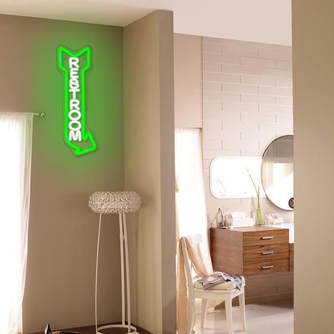Restroom Neon Sign for Wall Decor Toilet Neon Light Arrow Led Neon Signs White Green LED Neon Lights Bathroom Led Sign for Restroom Hotel Bar(Right Arrow)