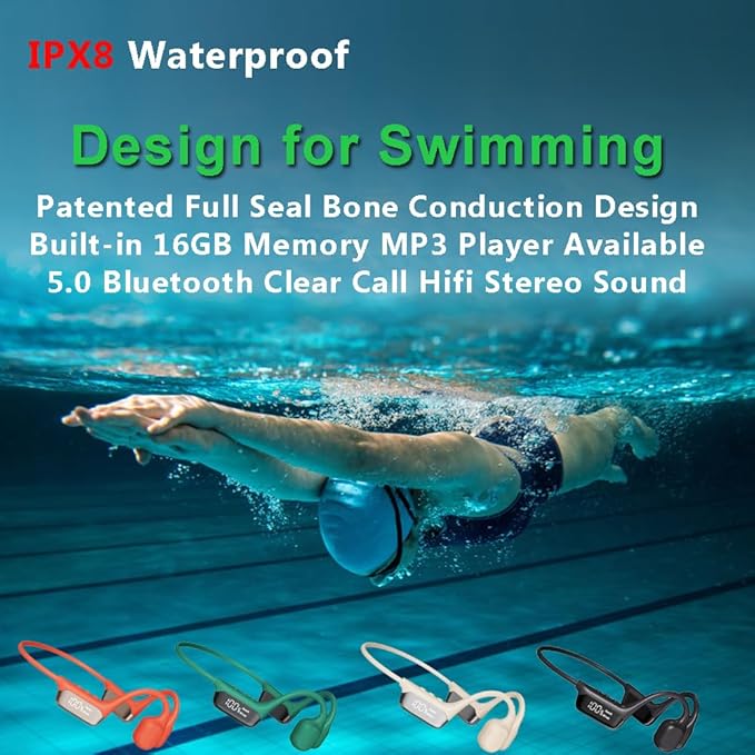 HAO Swimming Headphones True Bone Conduction Open Ear Headset MP3 Player Built-in 32G Memory IP68 Underwater Waterproof Stereo Bluetooth Earphone for Driving Bicycling Running Skiing