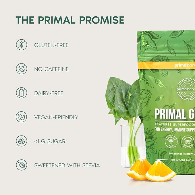 Primal Harvest Super Greens Powder, 30 Servings w/+50 Greens Superfood Chlorella, Probiotics, Green Tea, Wheatgrass, Kale, Turmeric for Energy,Primal Greens