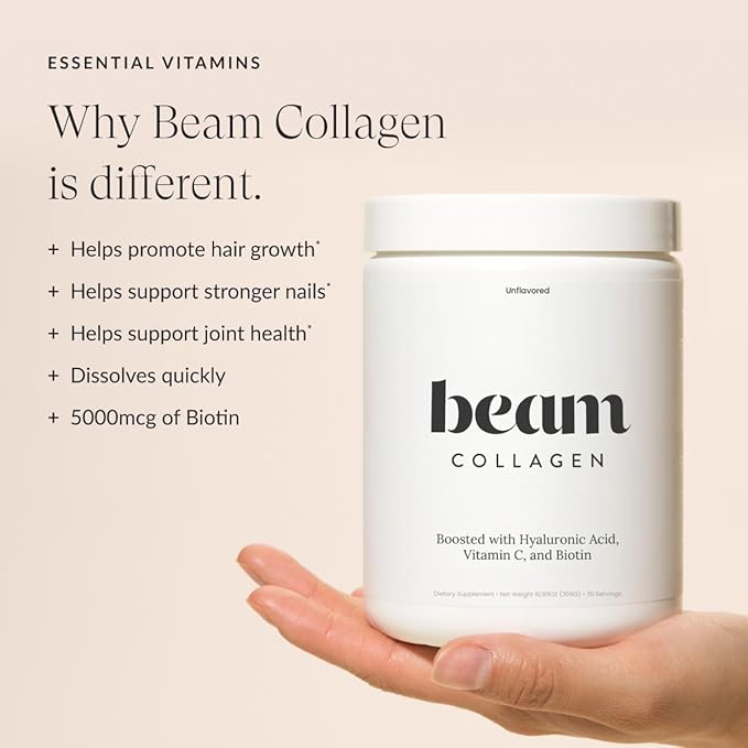 Beam Collagen Powder, Collagen for Women, Collagen with Hyaluronic Acid, Collagen Peptides Type 1 and 3, with Biotin, Grass Fed Bovine, Third-Party Tested, Best for Coffee, Vitamin C, 5 Servings