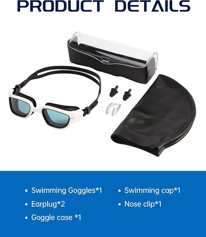 Swim Goggles, Goggles Adult with Swimming Cap, Nose Clip & Ear Plugs, UV Protection Anti-Fog Lens and Case for Adult