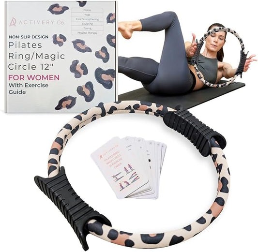 Pilates Ring Fitness Circle for Women – 12" Magic Circle Pilates Equipment Tool with Exercise Guide - Leopard Print