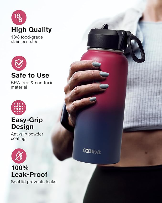 Water Bottle 32 oz Insulated with Straw, Coolflask Stainless Steel Metal 3 Lids Water Flask Wide Mouth for Sports or Office, Non-BPA Keep Cold Up to 48 Hrs or Hot Up to 24 Hrs, Ombre Wine/Navy