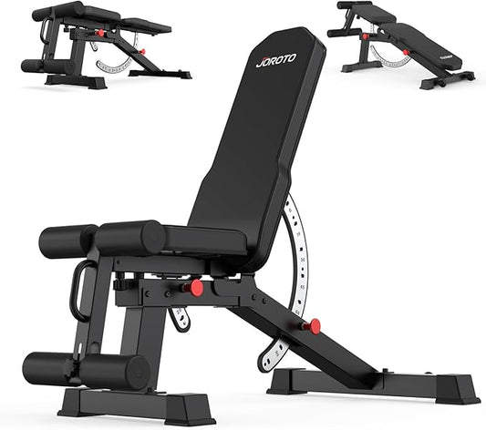 JOROTO MD65 Adjustable Weight Bench, 1700LB Heavy Duty Workout Bench for Home Gym, Flat Incline Decline Sit Up Utility Bench Press with 9 Backrest & 3 Seat Positions, Removable Leg Support & Wheels