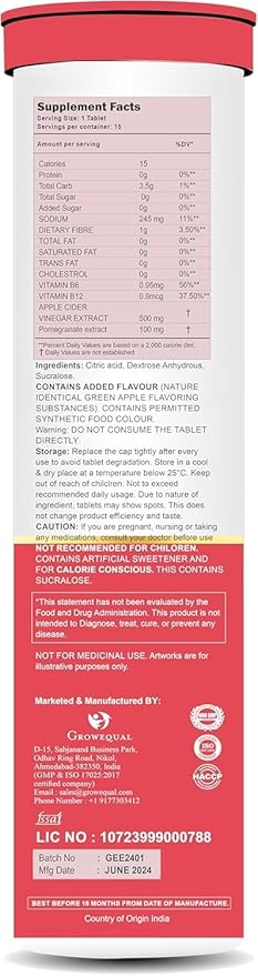 PURITEO-EQUACIDER Apple Cider Vinegar Effervescent with The Mother, Vegan, No Added Sugar, Non-GMO & Gluten-Free Tablets - (15 Tablets, Pack of 1)