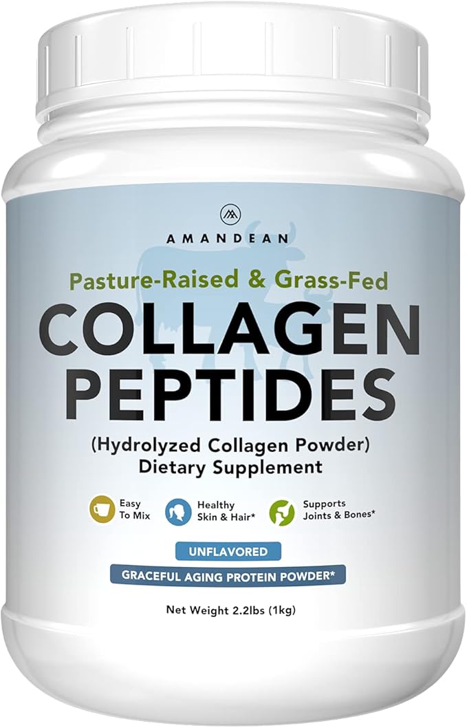 AMANDEAN Collagen Peptides Powder 1kg. Grass-Fed, Enzymatically Hydrolyzed, Type 1 & 3. Agglomerated, Easy to Mix, Unflavored, Non-GMO. Protein with 18 Amino Acids for Healthy Skin, Hair, Nails.