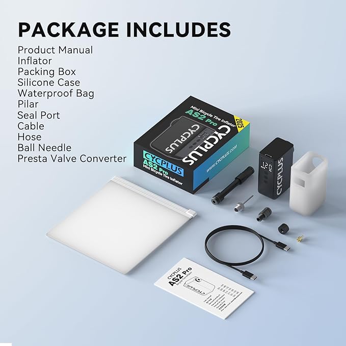 CYCPLUS AS2 PRO Tiny Bicycle Pump with Gauge, Max 120 PSI Electric Mini Pump, Auto Stop, with Presta and Schrader Valve for E-Bike, MTB, and Road Bike (2025 Updated Version)