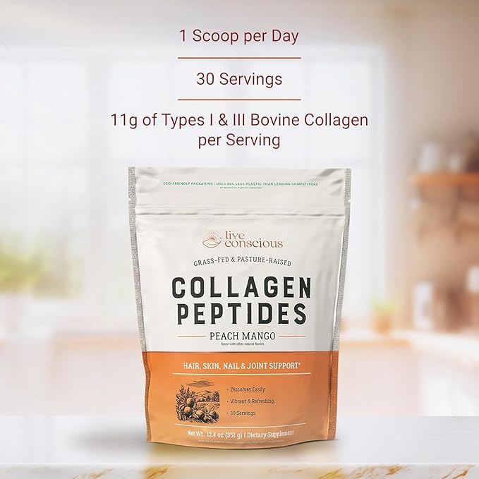 Live Conscious Collagen Peptides Powder - Peach Mango Flavored Collagen Powder - Hair, Skin, Nail, & Joint Support - Type I & III Grass-Fed Collagen Supplements for Women and Men (2-Pack)