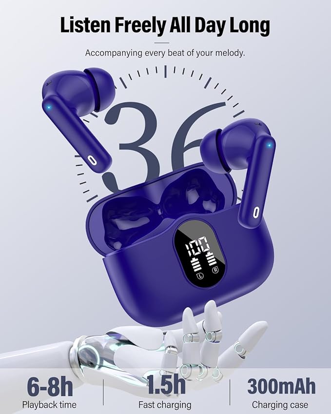 Wireless Earbuds, Bluetooth 5.4 Headphones Bass Stereo, Ear Buds with Noise Cancelling Mic, IP7 Waterproof in Ear Earphones, 36H LED Display Bluetooth Earbuds for Laptop Pad Phones Sports, Dark Blue