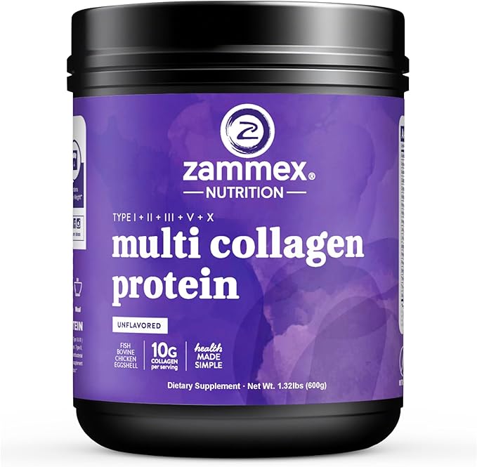Zammex Multi Collagen Protein Powder, 5 Types of Hydrolyzed Collagen Peptides, Premium Grass-Fed Beef, Chicken, Wild Fish, Eggshell, Keto & Paleo Friendly, 60 Servings, Unflavored