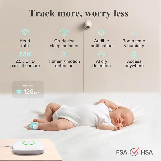 Sense-U Baby Sock Shoe Bundle Smart Baby Monitor: Sock Shoe Plus 2.5K PTZ Camera - Track Heart Rate, Sleep Movement, Heartbeat, Pan-Tilt-Zoom Video, AI Cry Detection, Audio