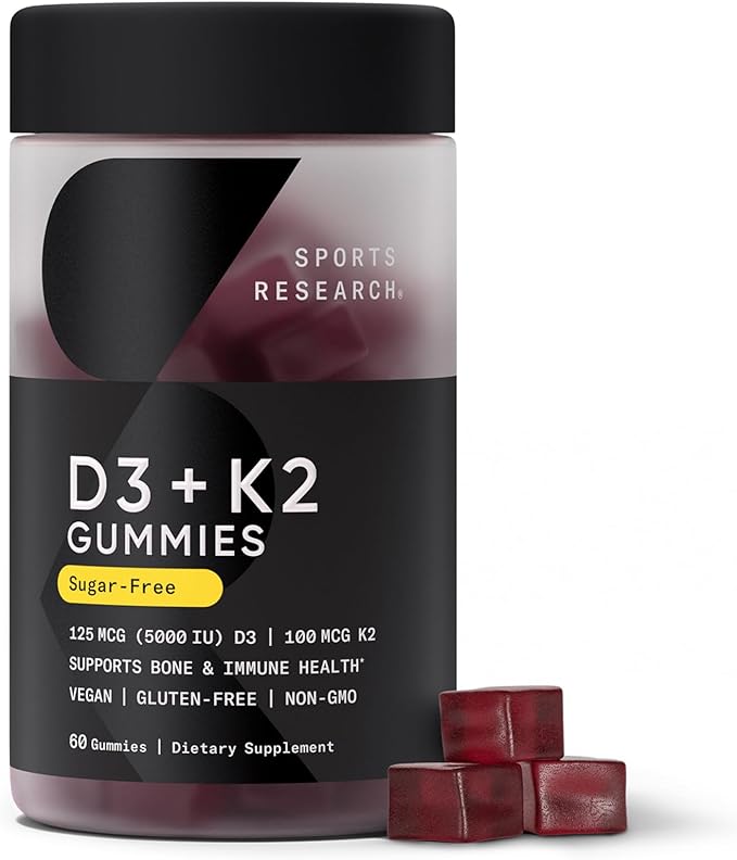 Sports Research® Vegan Vitamin D3 + K2 Gummy Supplements - 5000iu Vitamin D with 100mcg Mk7 Vitamin K - Supports Calcium for Stronger Bones & Immune Health - 60 Gummies for Adults, 1 Month Supply