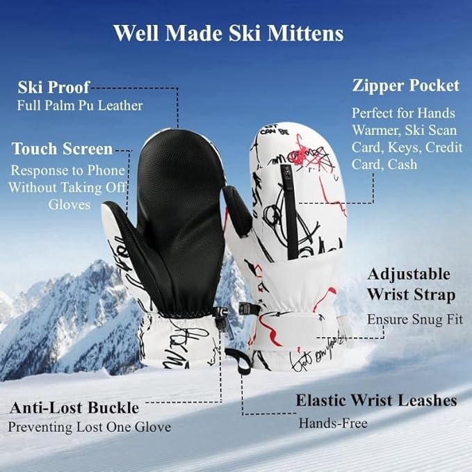 Waterproof Ski Mittens Ski Glove for Women Men Youth Winter Cold Weather Snow Gloves with Hands Warmer Zipper Pocket
