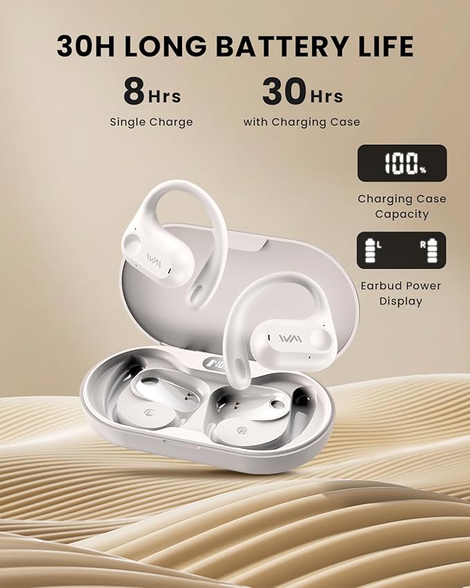 Open Ear Headphones,Wireless Bluetooth 5.3 Air Conduction Open Earbuds,Comfort & Secure Fit ,Powerful Bass,Clear Calls,30H Playback,Light Weight Sports Headsets with Ear-Hook for Workout,Running,Beige