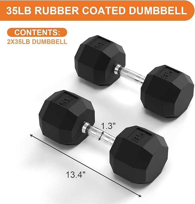 Rubber Coated Hex Dumbbell Weight Set, Multiple Sizes Exercise & Fitness Dumbbells,100LB Set,110LB Set,200LB,350LB,450LB,550LB, 35-50Lbs Pairs for Muscle Toning, Strength Building & Full Body Workout