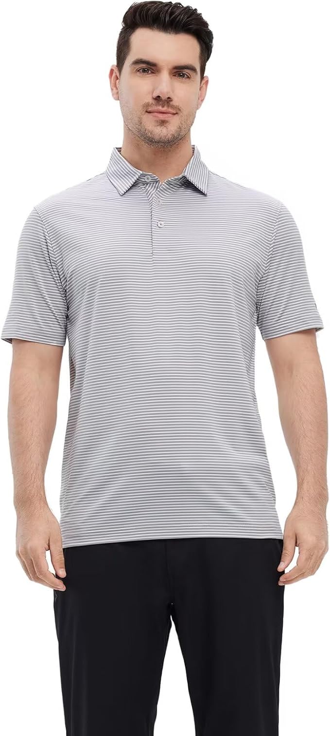 Mens Golf Shirt Moisture Wicking Dry Fit Performance Sport Short Sleeve Striped Golf Polo Shirts for Men