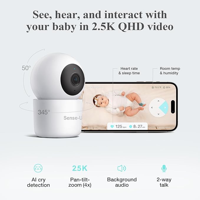 Sense-U Baby Sock Shoe Bundle Smart Baby Monitor: Sock Shoe Plus 2.5K PTZ Camera - Track Heart Rate, Sleep Movement, Heartbeat, Pan-Tilt-Zoom Video, AI Cry Detection, Audio