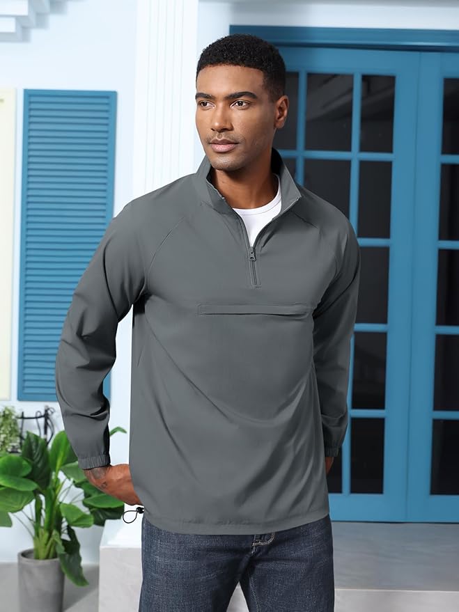 Aulemen Men's Casual Quarter Zip Pullover-Athletic Windbreaker Lightweight Jackets Hiking Golf for Men Mock Neck with Pockets
