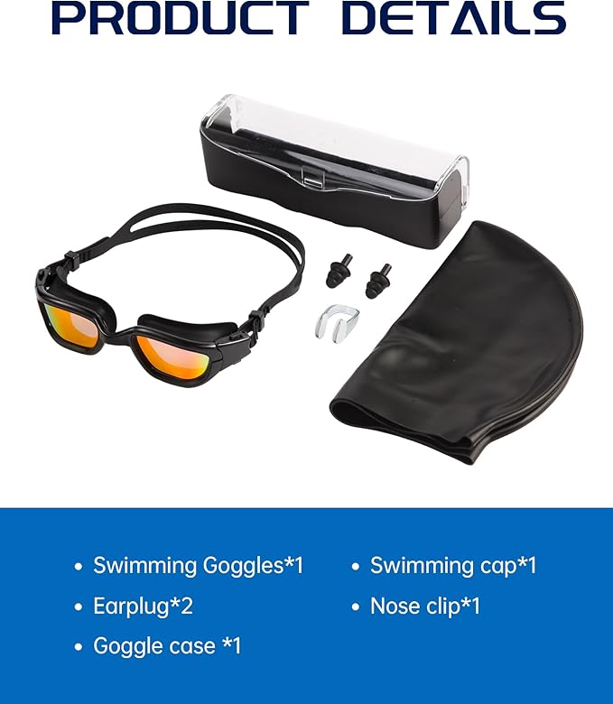 Swim Goggles, Goggles Adult with Swimming Cap, Nose Clip & Ear Plugs, UV Protection Anti-Fog Lens and Case for Adult