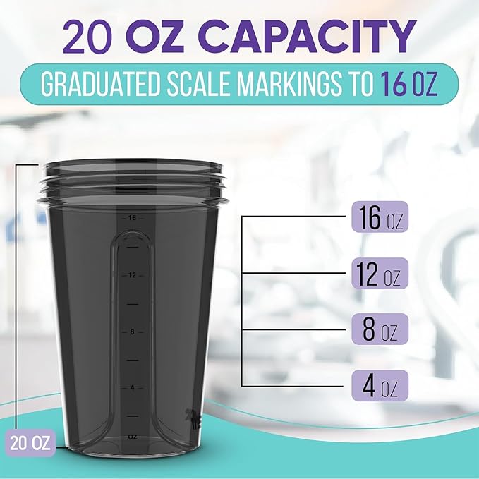 '-6 PACK- Shaker Cups for Protein Shakes 20 oz - 6x Wire Whisk | Leak Proof Protein Shaker Bottle for Protein Shakes, Shaker Bottle Pack for Pre & Post Workout, Shaker Cup (ALL IN BLACK)